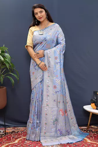 Sky blue banarasi silk blend saree with zari floral weaving