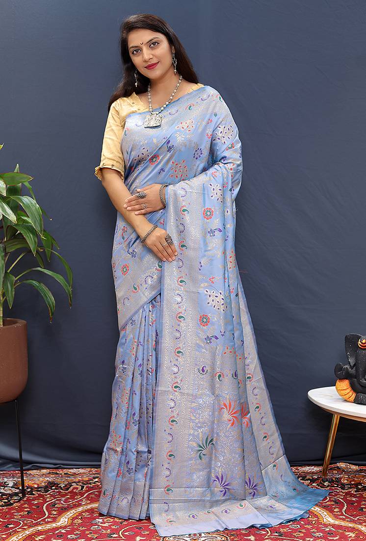 Sky blue banarasi silk blend saree with zari floral weaving