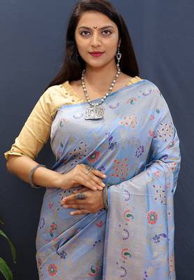 Sky blue banarasi silk blend saree with zari floral weaving 3