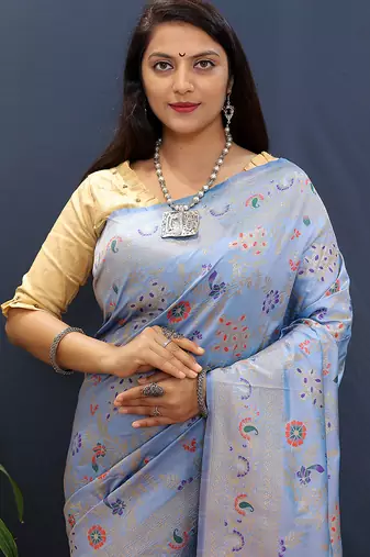 Sky blue banarasi silk blend saree with zari floral weaving