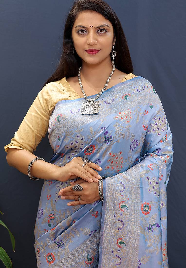 Sky blue banarasi silk blend saree with zari floral weaving