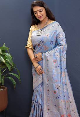 Sky blue banarasi silk blend saree with zari floral weaving 4