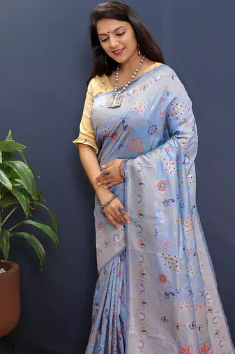Sky blue banarasi silk blend saree with zari floral weaving