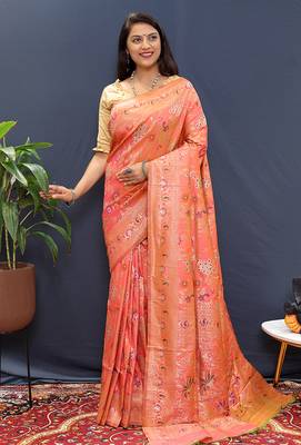 Salmon pink banarasi silk blend saree with zari floral weaving 1