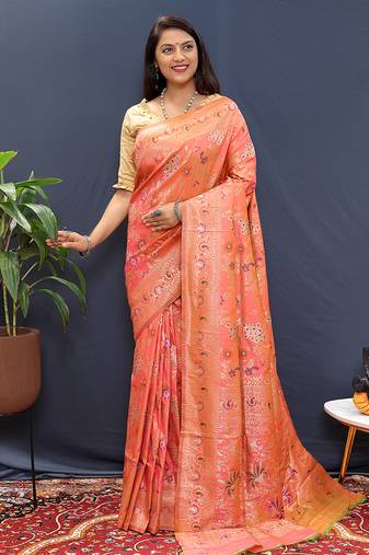Salmon pink banarasi silk blend saree with zari floral weaving