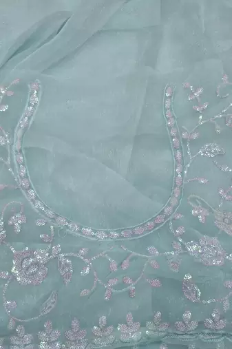 sky blue color shimmer fabric bollywood looks sequins work saree
