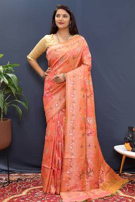 Salmon pink banarasi silk blend saree with zari floral weaving 2