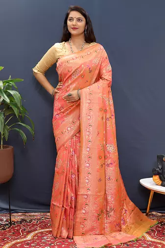 Salmon pink banarasi silk blend saree with zari floral weaving