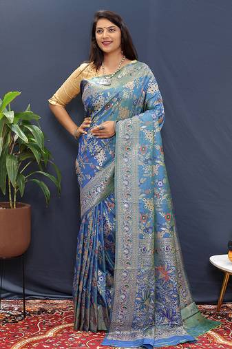 Blue banarasi silk blend saree with zari floral weaving