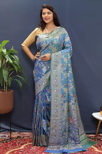 Blue banarasi silk blend saree with zari floral weaving