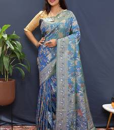 Blue banarasi silk blend saree with zari floral weaving