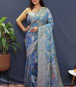 Blue banarasi silk blend saree with zari floral weaving