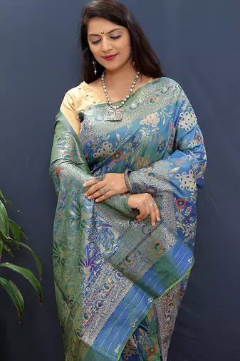 Blue banarasi silk blend saree with zari floral weaving