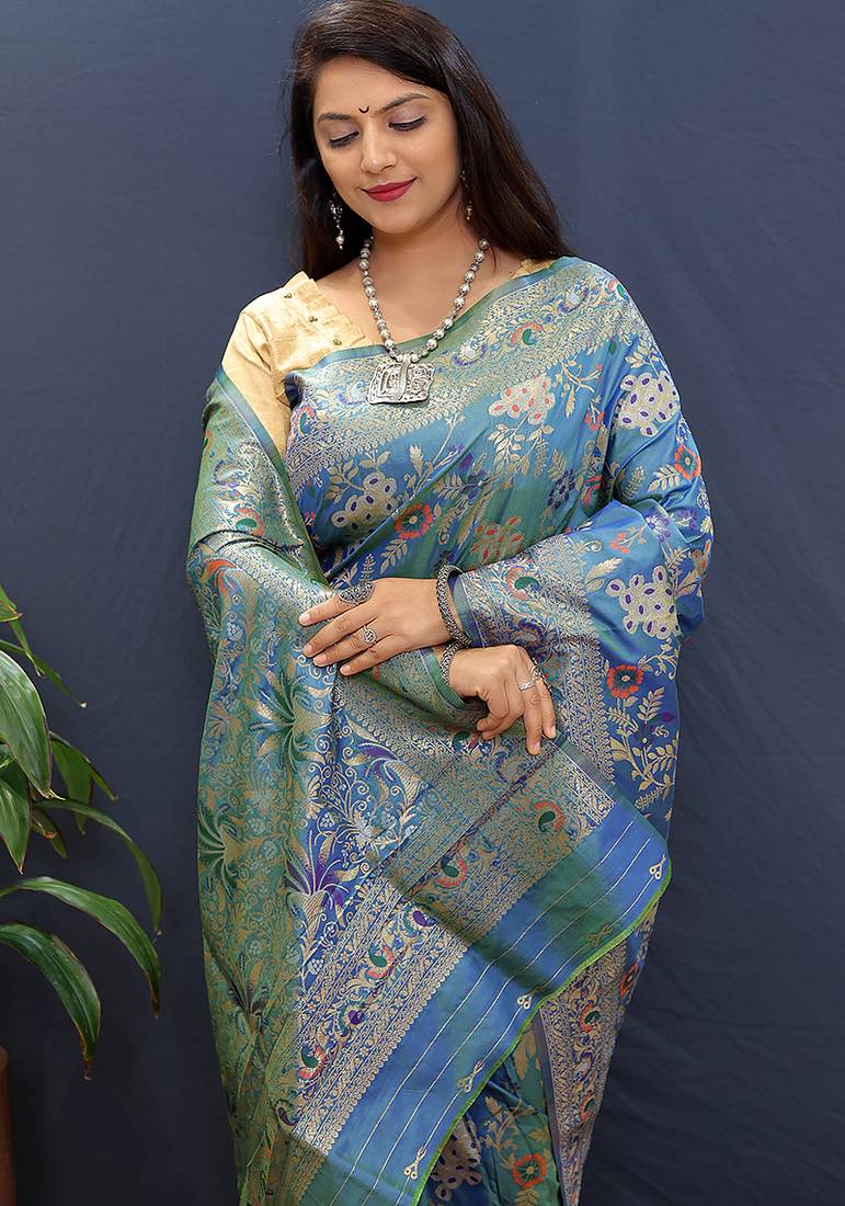 Blue banarasi silk blend saree with zari floral weaving