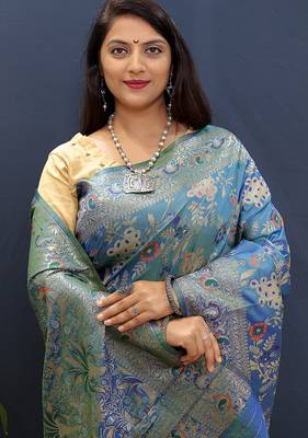 Blue banarasi silk blend saree with zari floral weaving 3