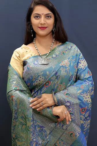 Blue banarasi silk blend saree with zari floral weaving