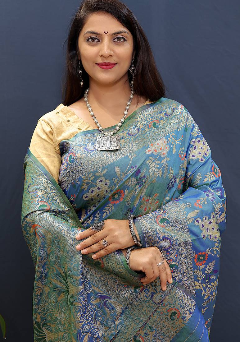 Blue banarasi silk blend saree with zari floral weaving