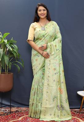 Mint green banarasi silk blend saree with zari floral weaving 1