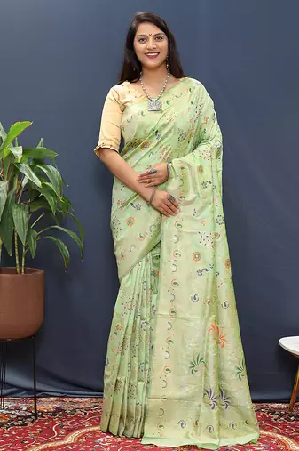 Mint green banarasi silk blend saree with zari floral weaving