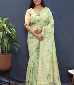 Mint green banarasi silk blend saree with zari floral weaving