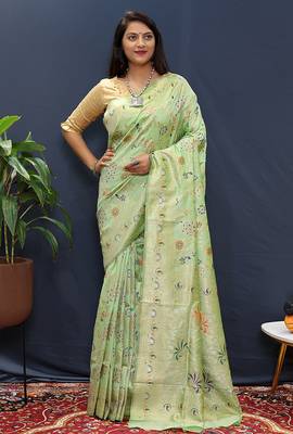 Mint green banarasi silk blend saree with zari floral weaving 2