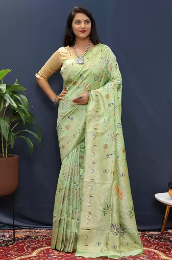 Mint green banarasi silk blend saree with zari floral weaving