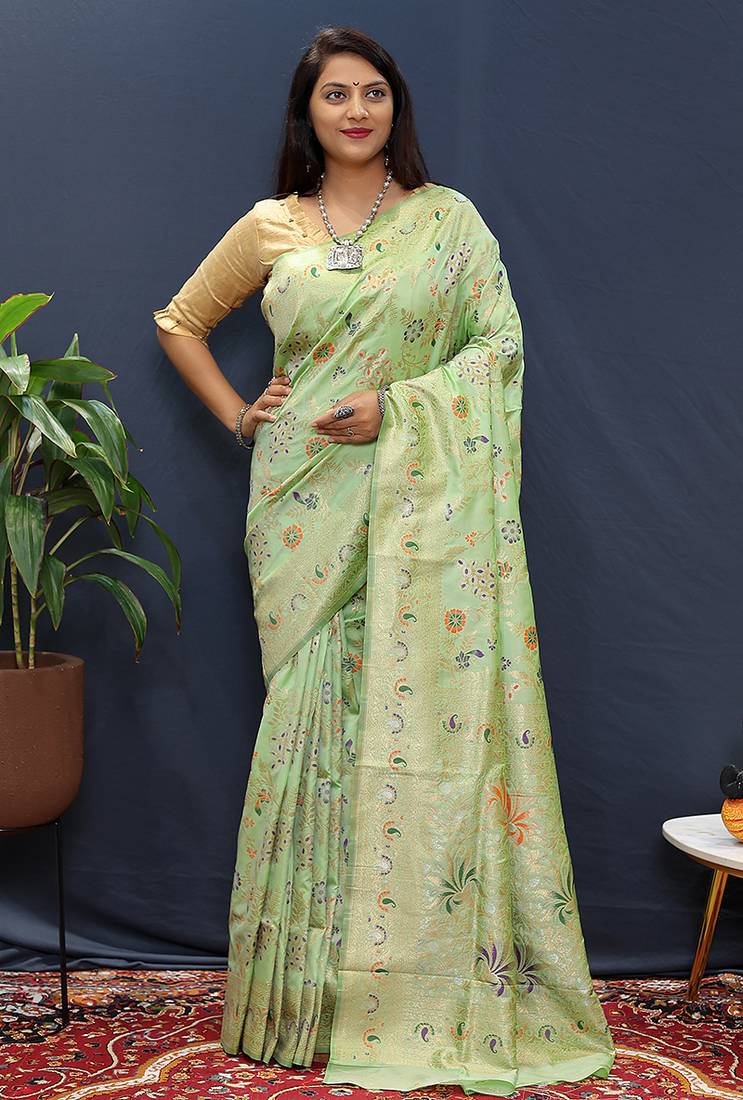Mint green banarasi silk blend saree with zari floral weaving