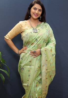 Mint green banarasi silk blend saree with zari floral weaving 3