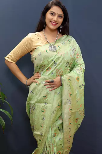 Mint green banarasi silk blend saree with zari floral weaving
