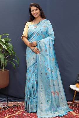 Sky blue banarasi silk blend saree with zari floral weaving 1