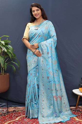 Sky blue banarasi silk blend saree with zari floral weaving
