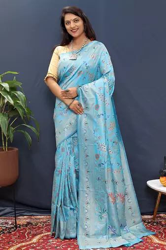 Sky blue banarasi silk blend saree with zari floral weaving