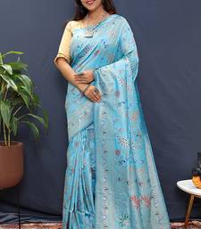 Sky blue banarasi silk blend saree with zari floral weaving