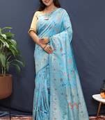 Sky blue banarasi silk blend saree with zari floral weaving