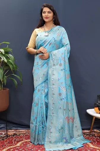 Sky blue banarasi silk blend saree with zari floral weaving