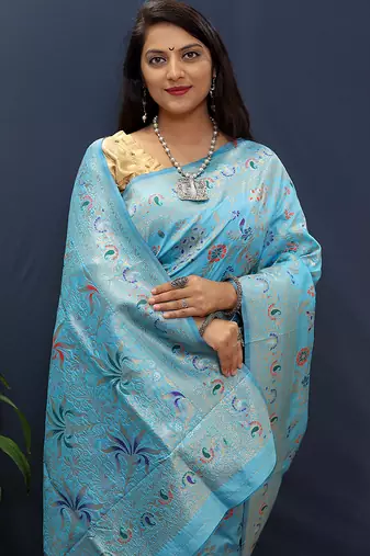 Sky blue banarasi silk blend saree with zari floral weaving