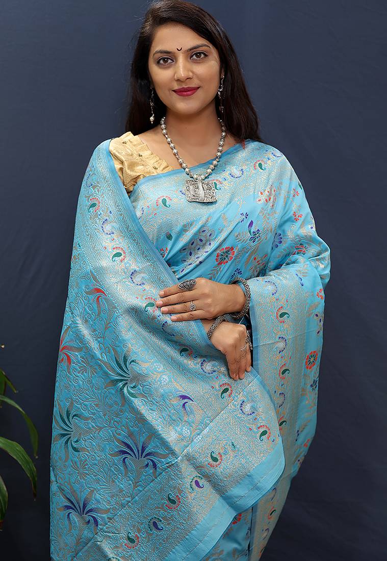 Sky blue banarasi silk blend saree with zari floral weaving