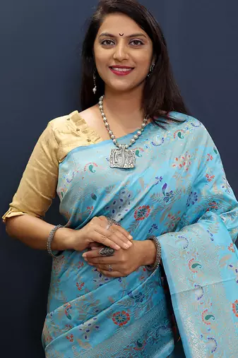 Sky blue banarasi silk blend saree with zari floral weaving