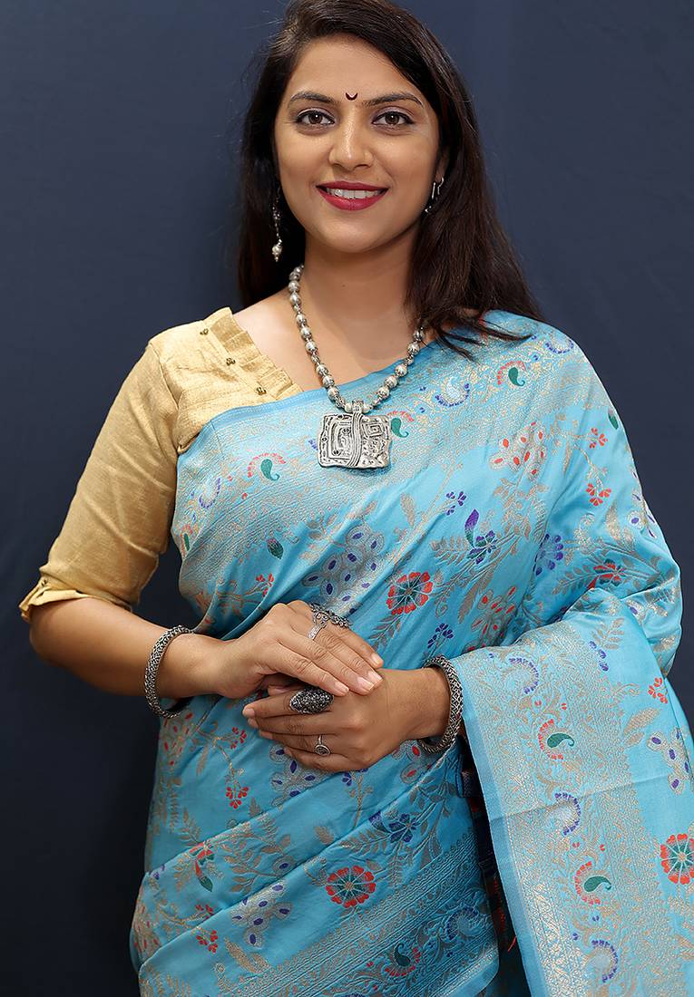 Sky blue banarasi silk blend saree with zari floral weaving