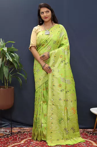 Parrot green banarasi silk blend saree with zari floral weaving