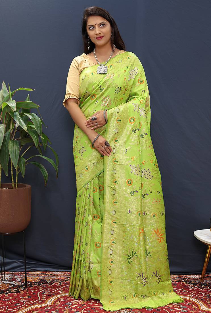 Parrot green banarasi silk blend saree with zari floral weaving