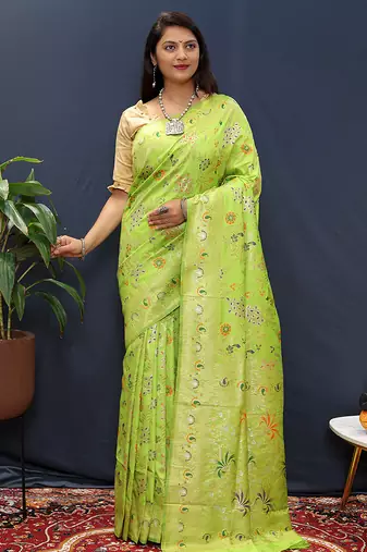 Parrot green banarasi silk blend saree with zari floral weaving