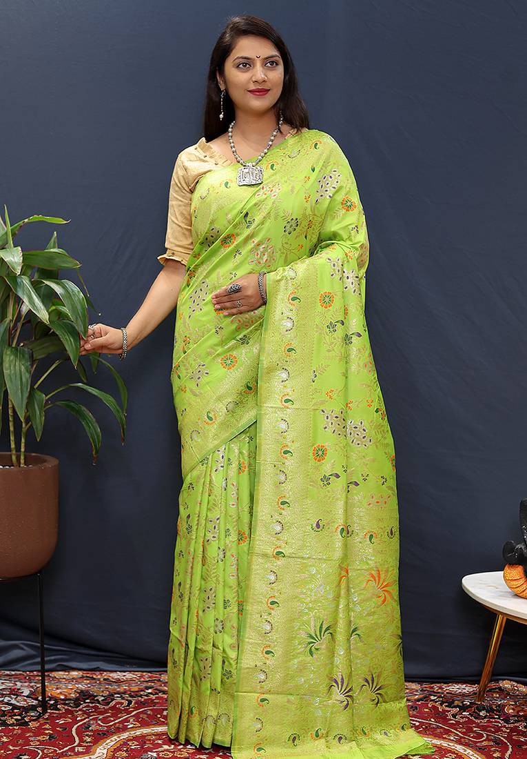 Parrot green banarasi silk blend saree with zari floral weaving