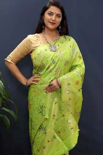 Parrot green banarasi silk blend saree with zari floral weaving