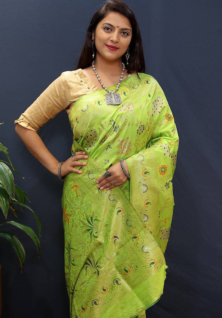 Parrot green banarasi silk blend saree with zari floral weaving