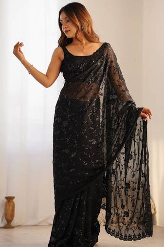 black color shimmer fabric bollywood looks sequins work saree