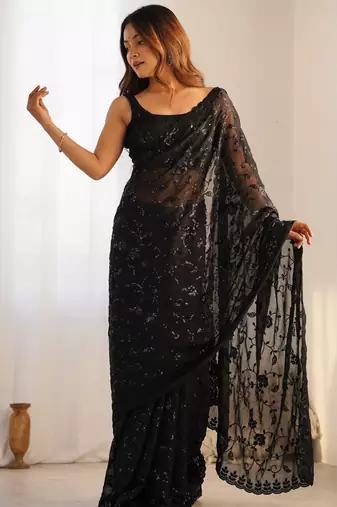 black color shimmer fabric bollywood looks sequins work saree