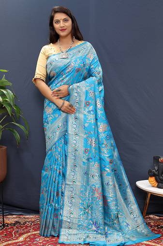 Light blue banarasi silk blend saree with zari floral weaving