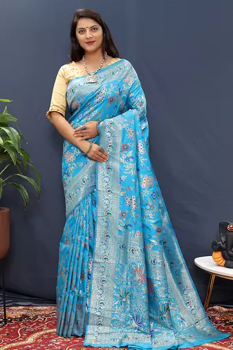 Light blue banarasi silk blend saree with zari floral weaving