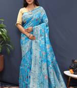 Light blue banarasi silk blend saree with zari floral weaving